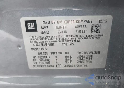 2015 Chevrolet Trax Lt from USA, damaged, VIN KL7CJLSB3FB152388